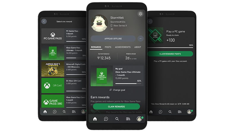 Tre smarttelefoner viser brukergrensesnittet for Xbox-mobilappen