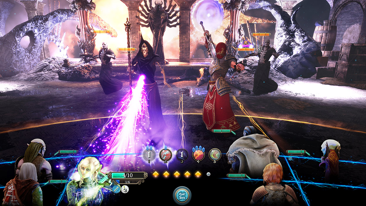 Widok z poziomu interfejsu gracza na czterech walczących wrogów; zamaskowana postać szkieletu wystrzeliwuje pocisk fioletowego światła