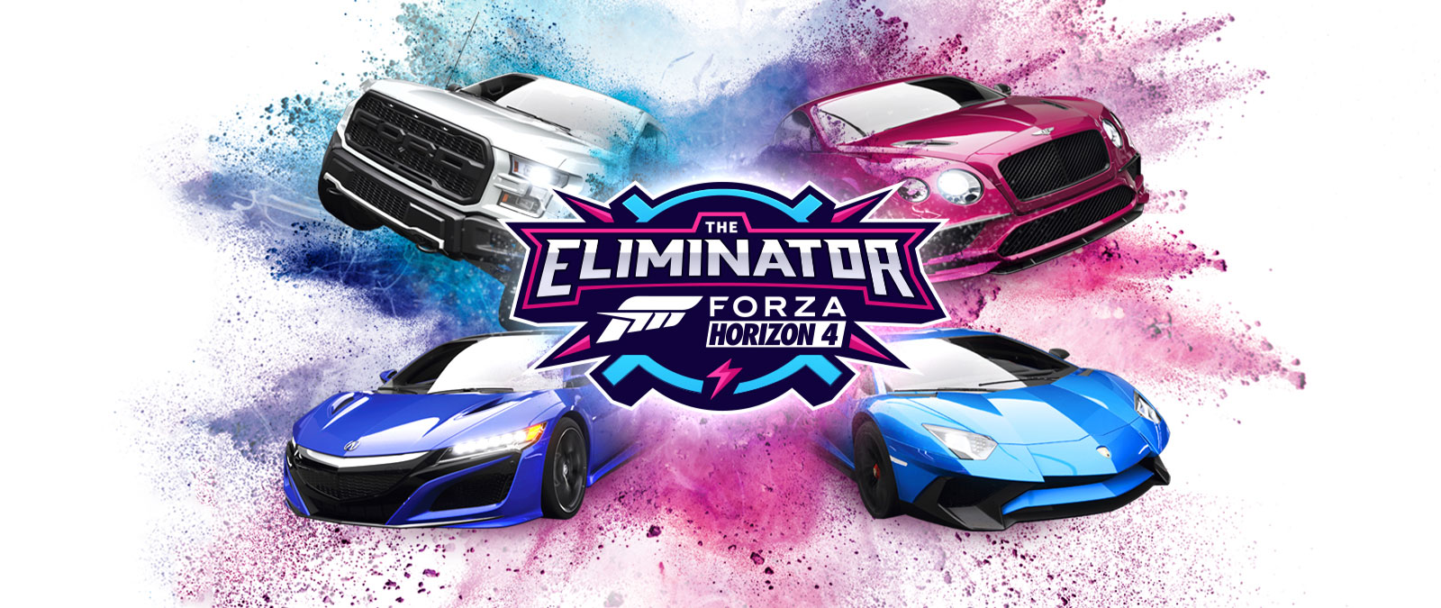 Eliminator 、Forza Horizon 4のロゴ、周囲に青とピンクのパウダーを塗った4台の車