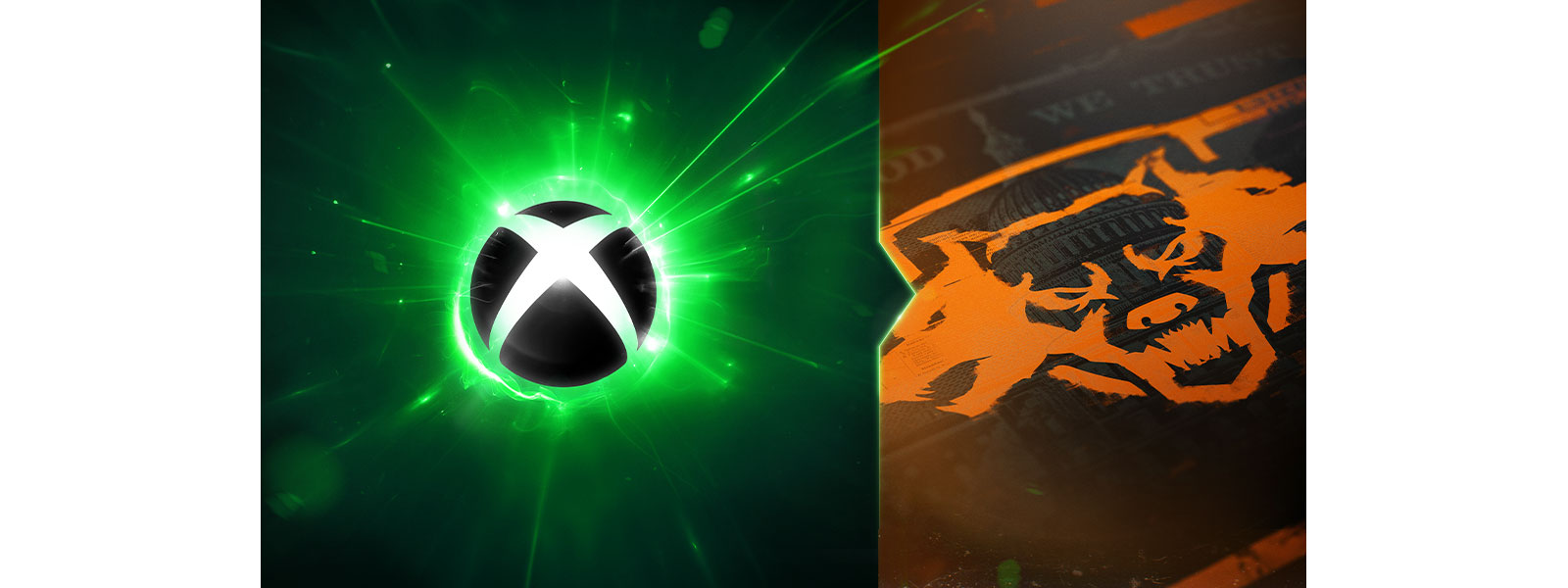 Left: Xbox sphere surrounded by pulsing green energy. Right: A three headed dog stamped over a depiction of the US Capitol with the text "IN GOD WE TRUST".