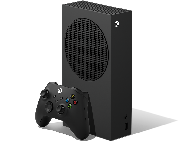 Front view of the Xbox Series S – 1TB (Black) with an Xbox Wireless Controller – Carbon Black