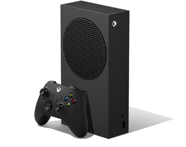 Front view of the Xbox Series S – 1TB (Black) with an Xbox Wireless Controller – Carbon Black