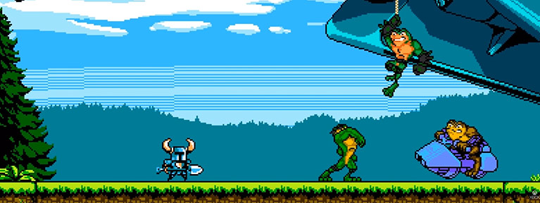 骑着翱翔自行车的外星青蛙与一个手持铁铲的骑士战斗