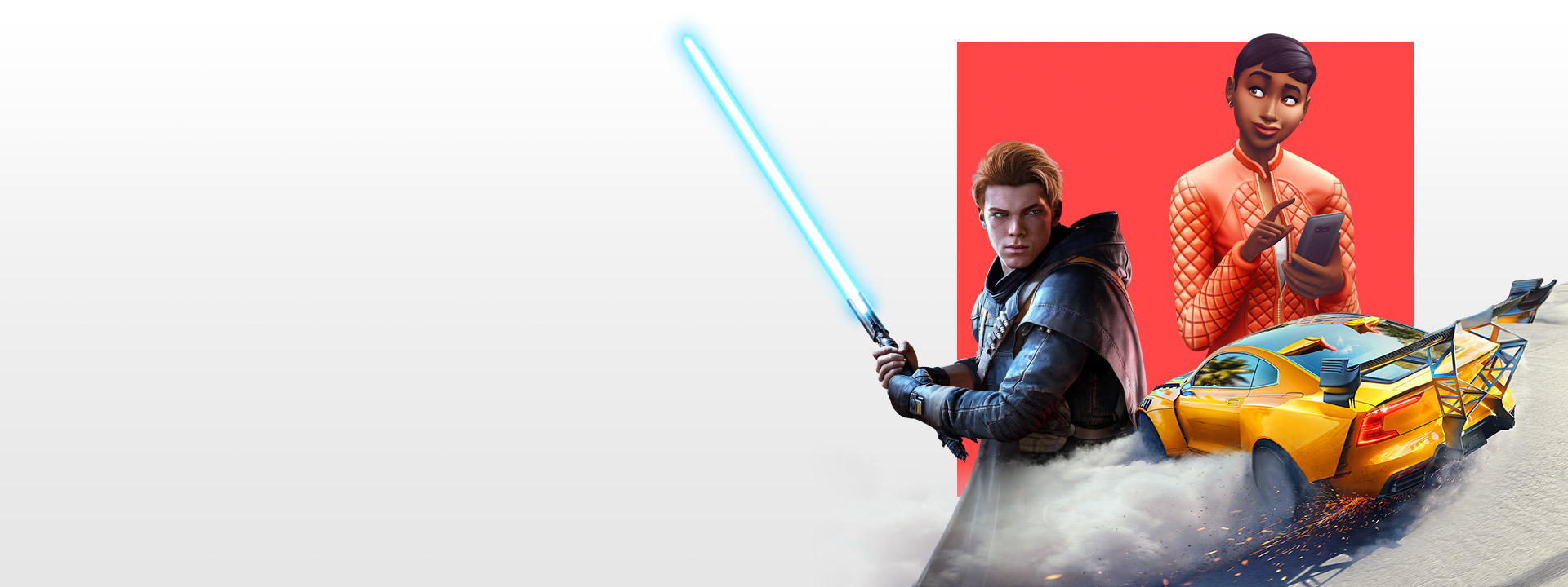 Добірка персонажів із різних ігор EA, зокрема Star Wars Jedi: Fallen Order, The Sims 4 і Need for Speed Heat.