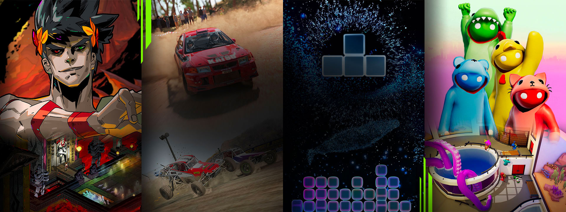 A selection of games available with Xbox Game Pass including Hades, Dirt 4, Tetris Effect Connected and Gang Beasts.
