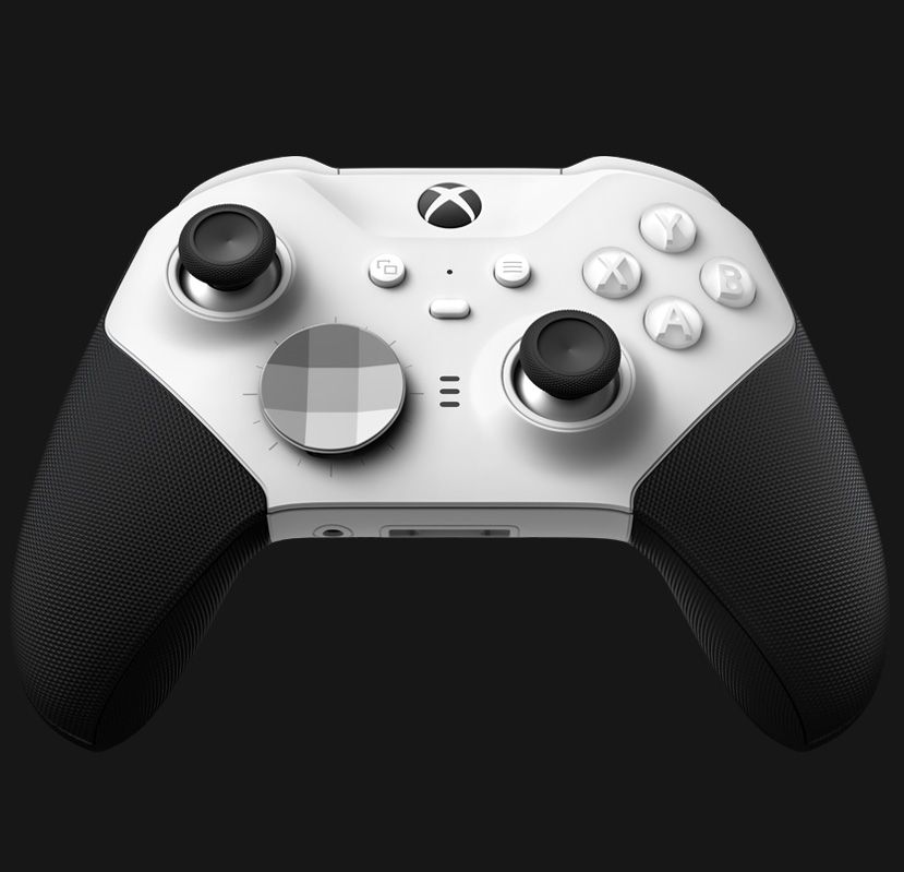 Pohľad zospodu na bezdrôtový ovládač Xbox Elite Series 2 – Core (biely)