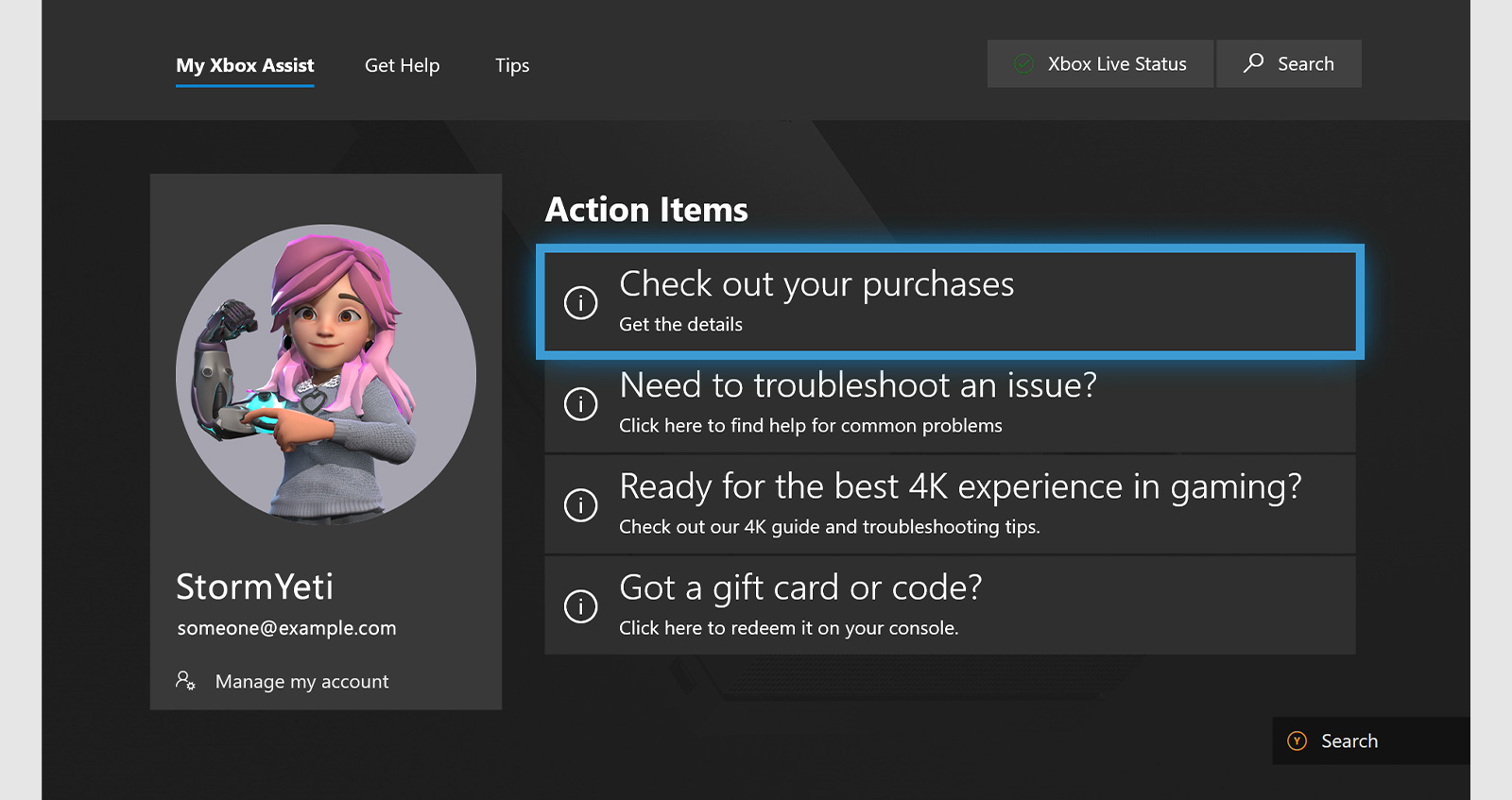 A screenshot showing the Xbox Assist support UI.  Action items list 4 options including Check out your purchases, Need to troubleshoot an issue?, Ready for the best 4K experience in gaming?, and Got a gift card or code?