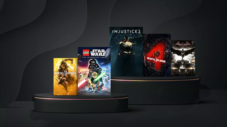 Box art from games that are part of the WB Games Publisher Sale, including Mortal Kombat 11, LEGO Star Wars The Skywalker Saga, and Injustice 2.
