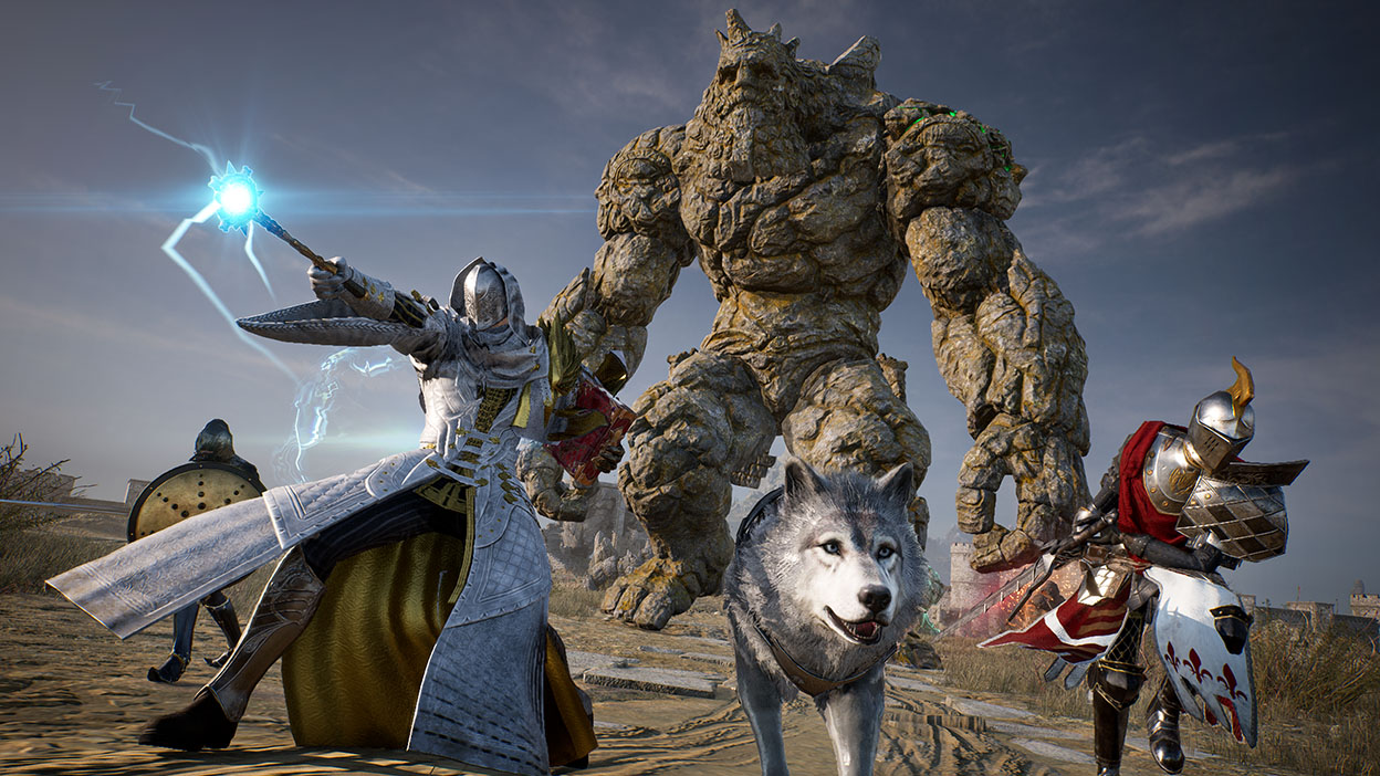 Three soldiers, a wolf, and a giant rock person running into battle.