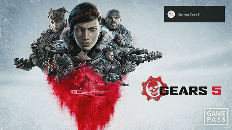 Screenshot showing Google Assistant starting Gears 5. A game pass logo appears in the lower right corner.