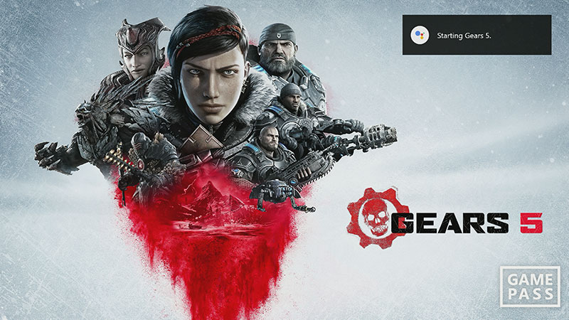 Captura de pantalla que muestra al Asistente de Google iniciando Gears 5. Aparece un logotipo de Game Pass en la esquina inferior derecha.