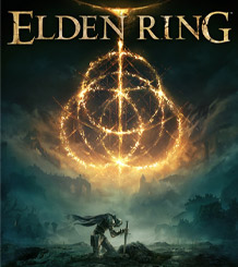 Elden Ring. Multiple fiery rings creating the Elden Ring symbol. Knight character with their sword in the ground in a desolate area with fog.