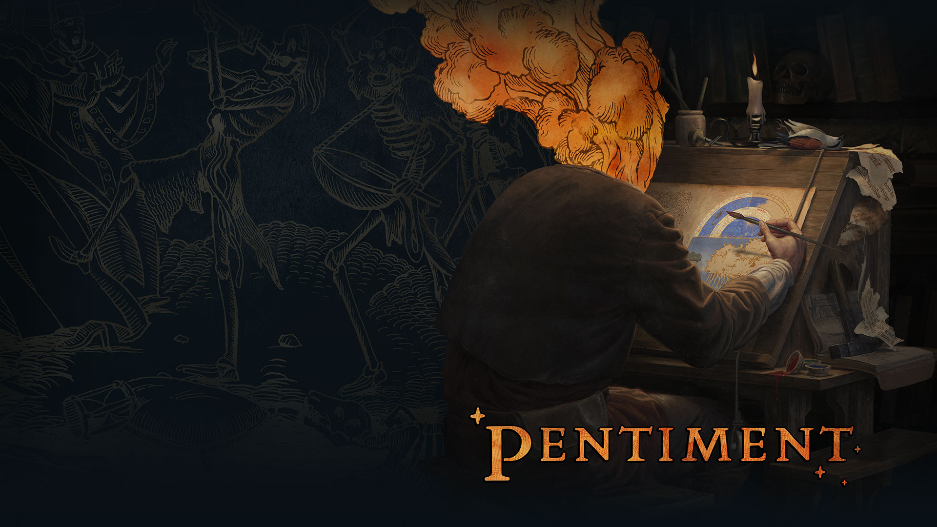 『Pentiment』:頭部がイラストの煙と雲になった絵描きの作業机に向かうキャラクター