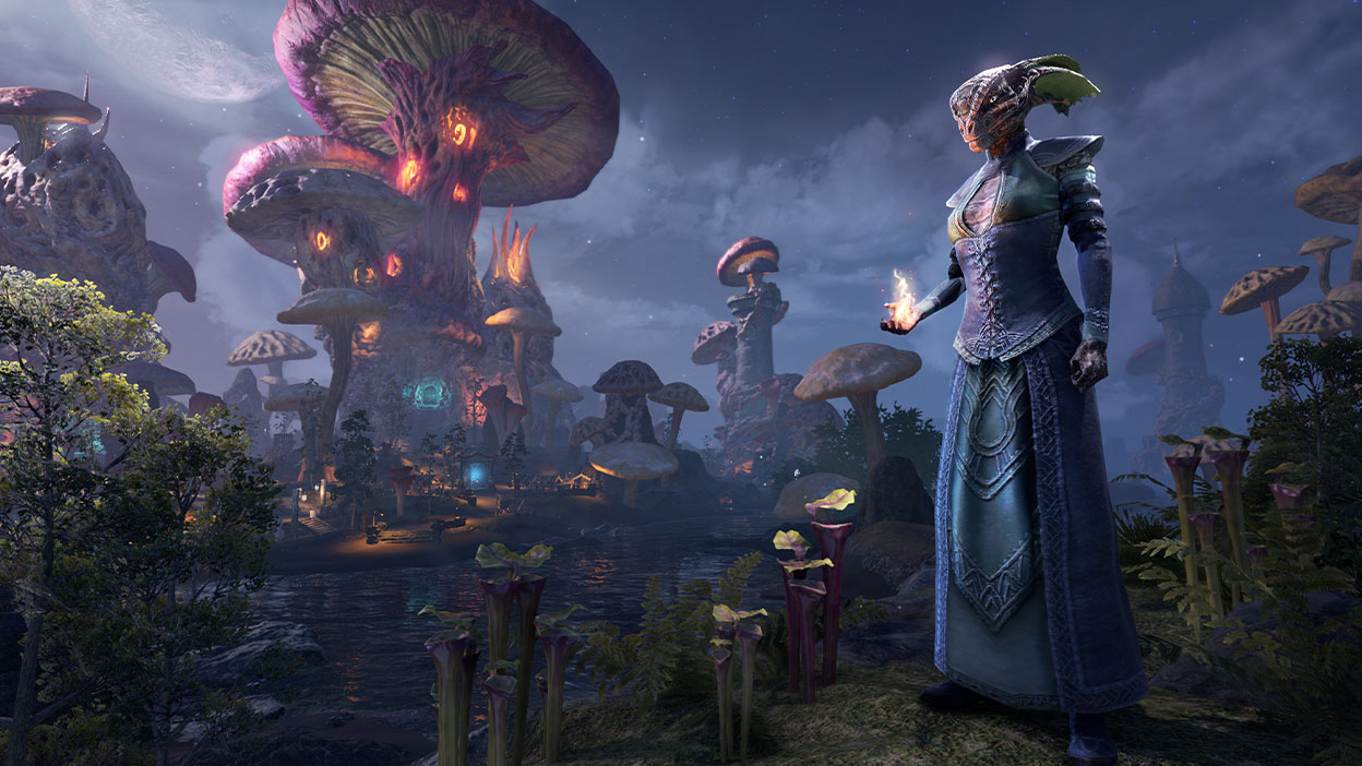 Um mágico reptiliano está em num pântano de cogumelos gigantescos sob um céu iluminado pela lua.