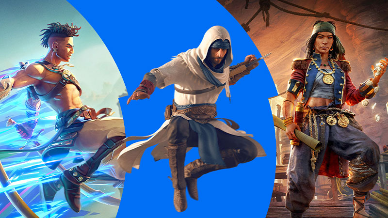 Prince of Persia, Assassin's Creed ve Skull and Bones'tan karakterlerin görüntülerini içeren üç parçalı resim.