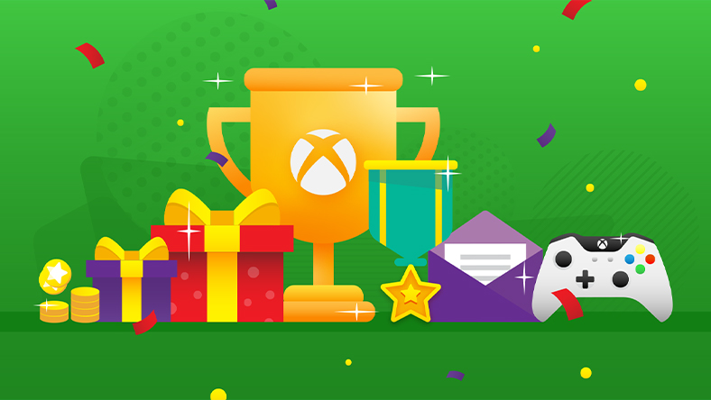 Eine Trophäe mit einem Xbox-Logo befindet sich zwischen Geschenkverpackungen und kleineren Trophäen.
