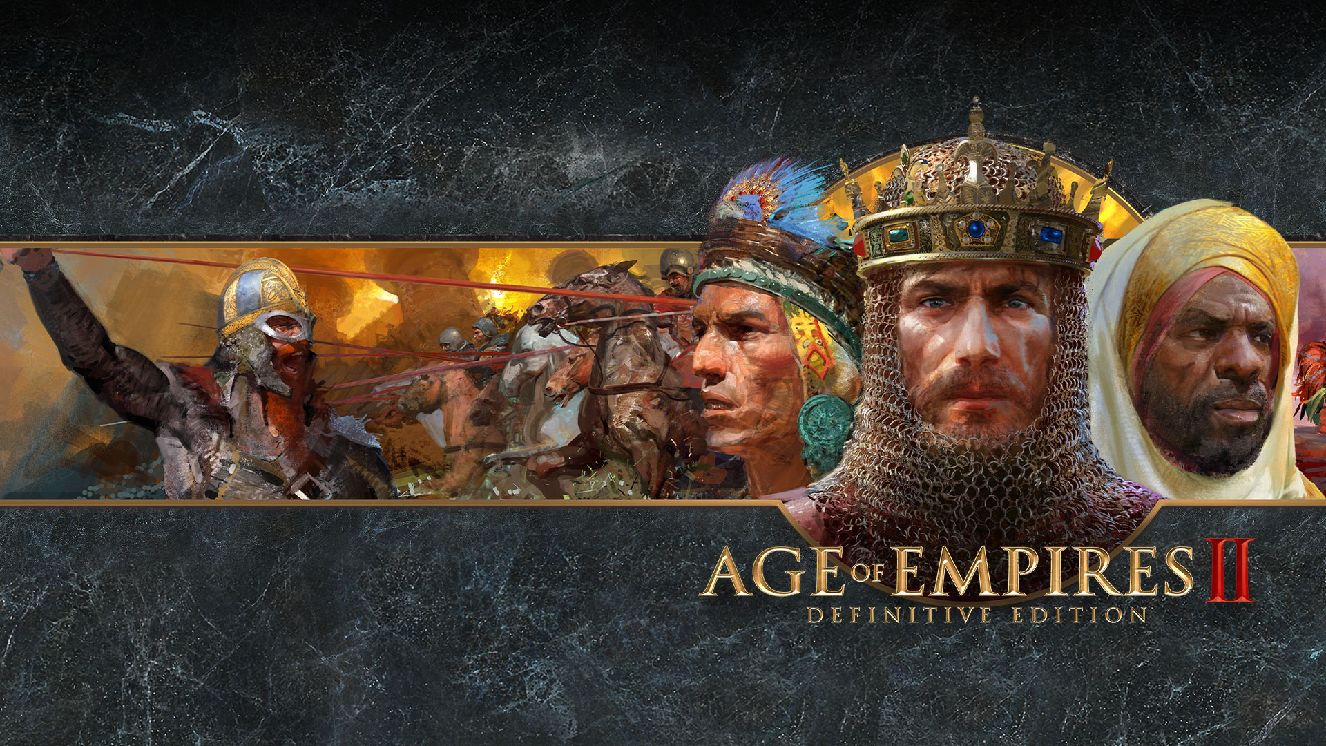 Logo hry Age of Empires II Definitive Edition s umeleckým spracovaním bojujúcich frakcií