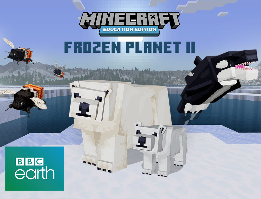 Λογότυπο του BBC earth, Frozen Planet II για το Minecraft Education Edition. Πολικές αρκούδες, φάλαινες και μέλισσες καλύπτουν ένα φόντο με πάγο