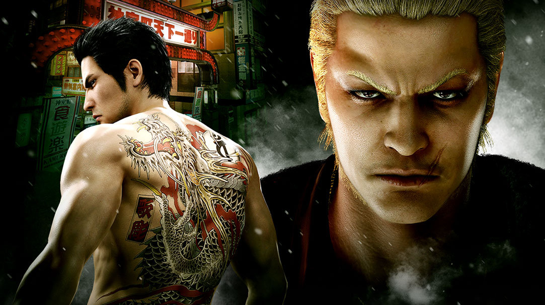 两个《Yakuza》人物身处于逼真的城市夜间背景中。