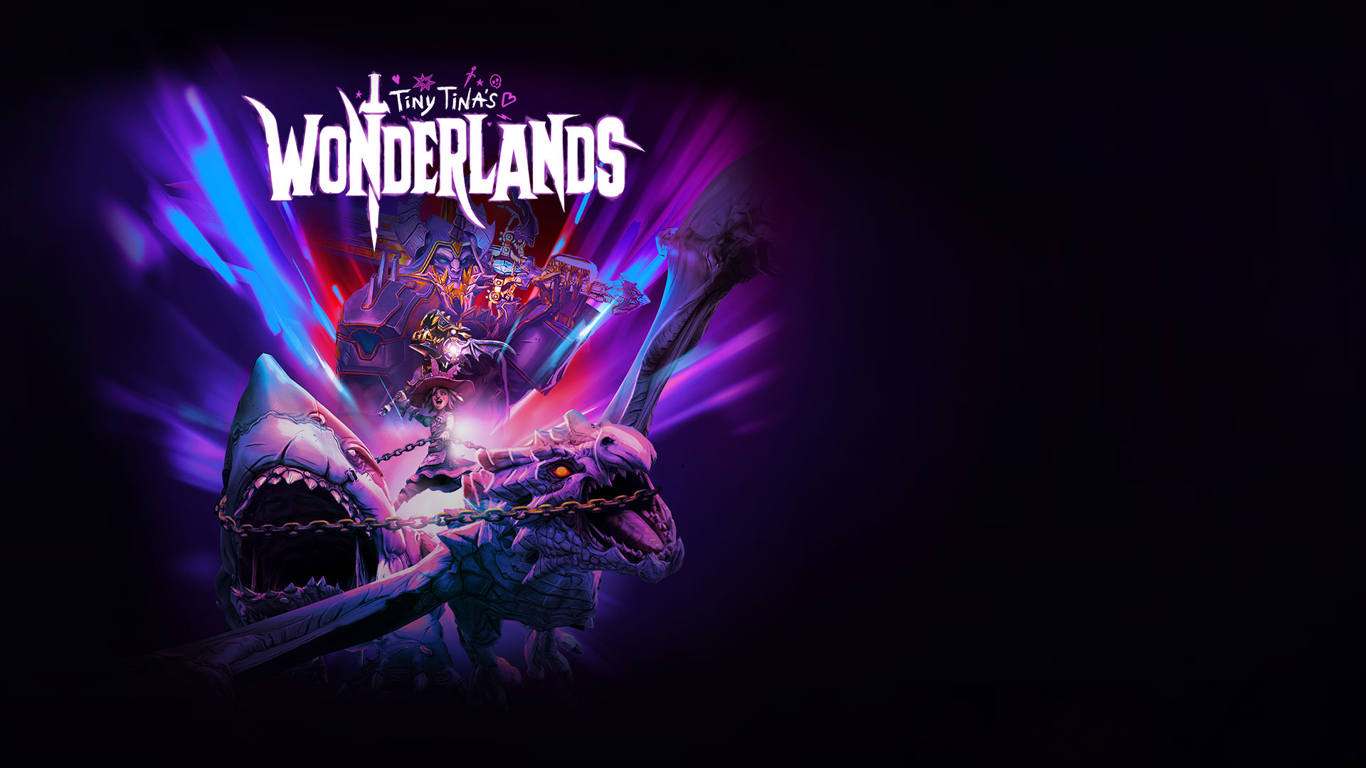 Tiny Tina's Wonderlands, Tina reitet auf einem Drachen vor einem rosa, grünen und lila gemischten Hintergrund mit Schatten einer Stadt