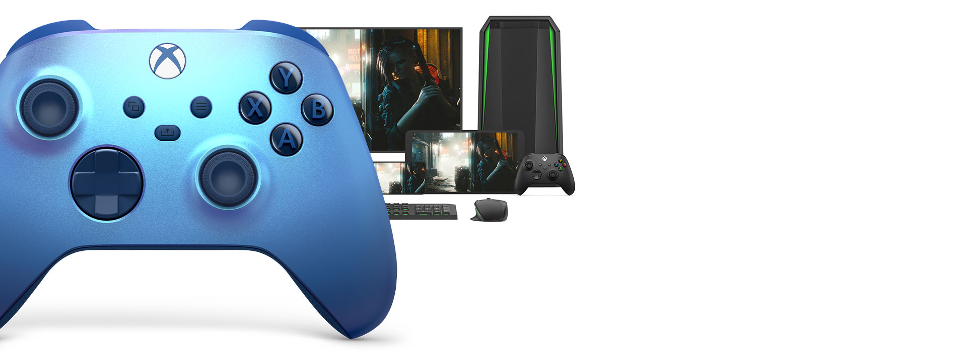 Control inalámbrico Xbox Aqua Shift con una PC, TV y Xbox Series S