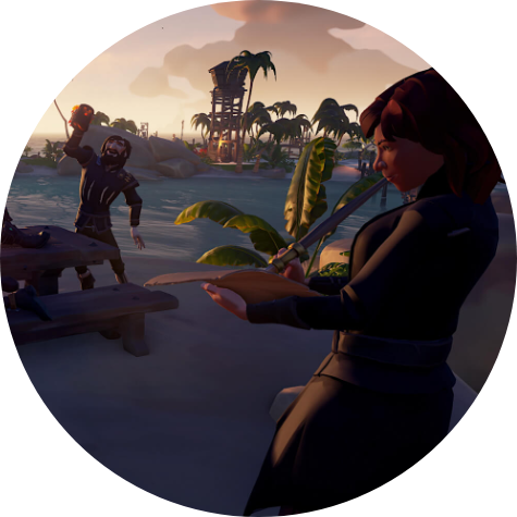 Sea of Thieves。島の前哨基地で休憩する2人の海賊。