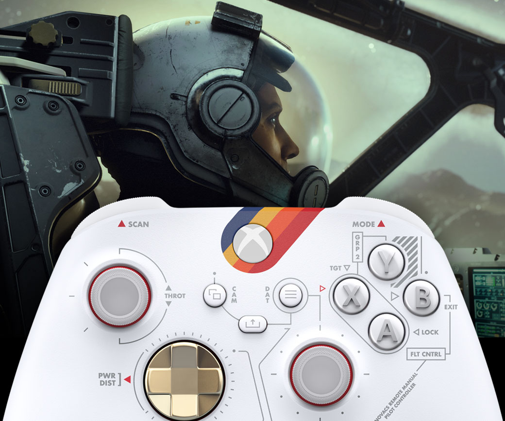Detailweergave van de voorkant van Xbox draadloze controller – Starfield Limited Edition met een gehelmde piloot in een schip.