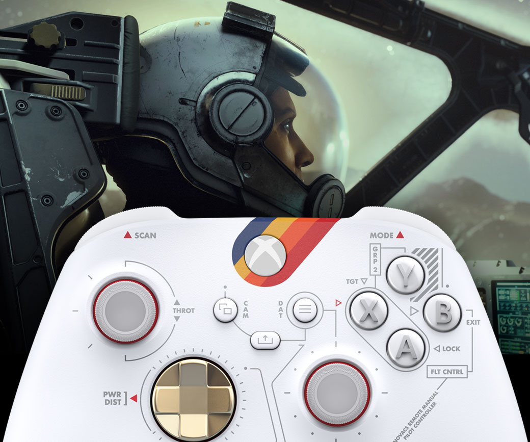 Front detail view of Xbox Wireless Controller – Starfield Limited Edition with a pilot in a ship wearing a helmet.