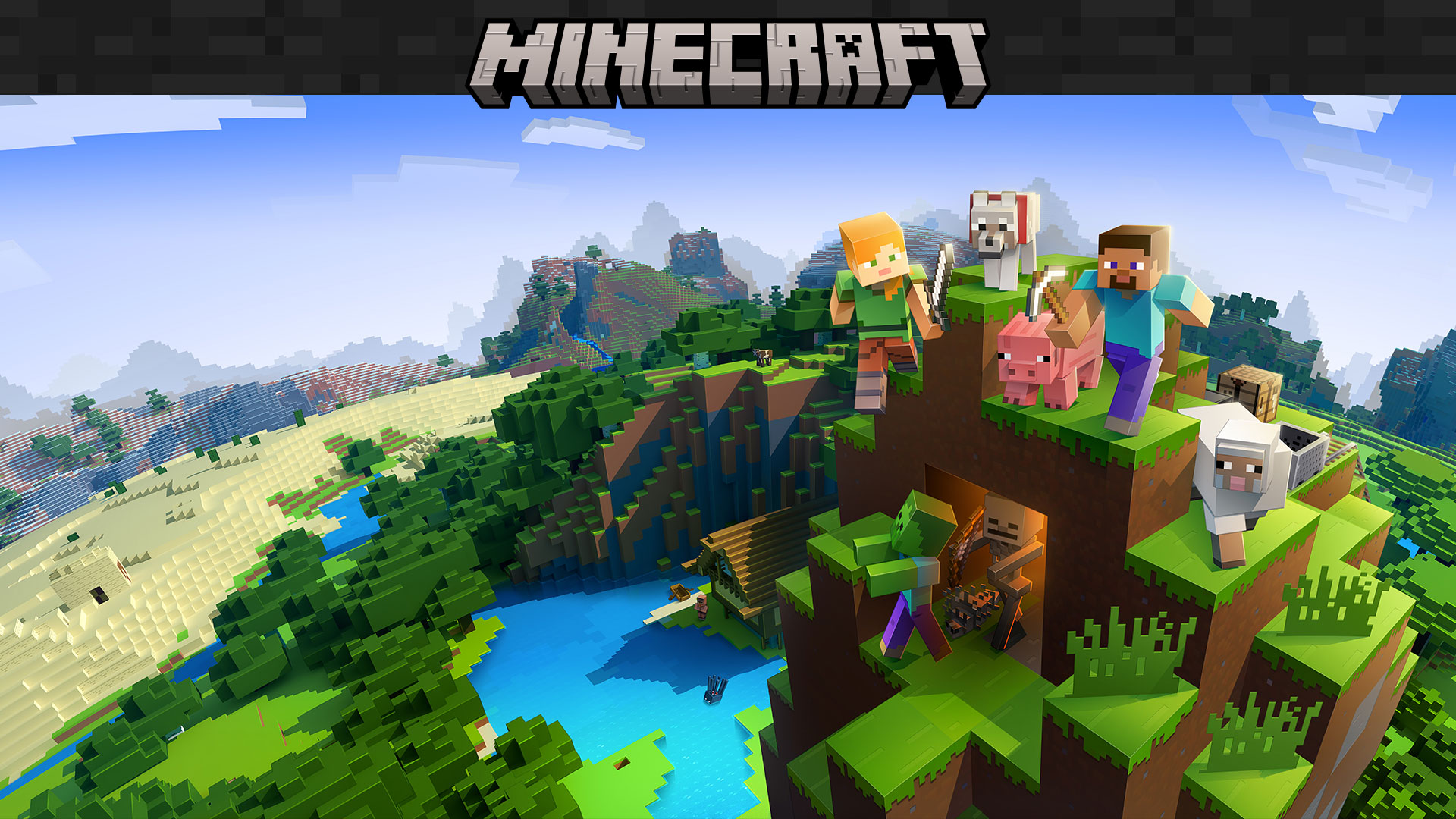 Minecraft-Logo mit Charakteren aus dem Spiel, die durch eine Landschaft aus Blöcken laufen.