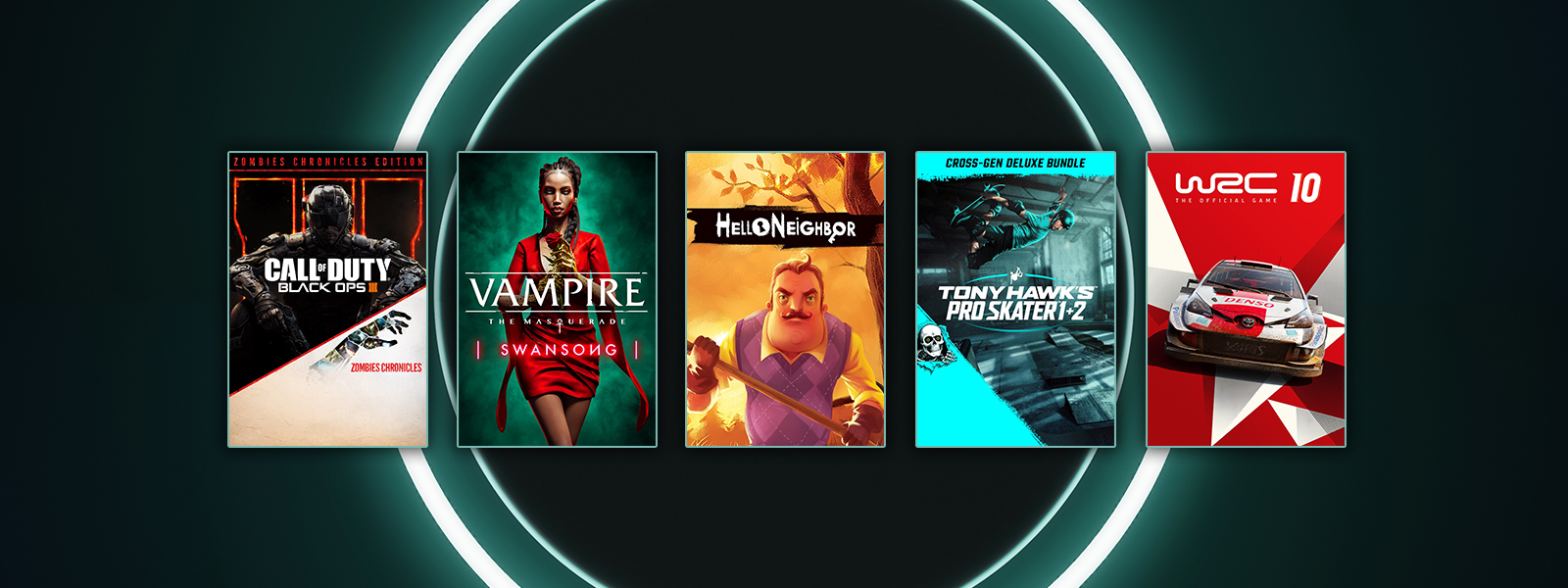 Box art from games that are part of the Publisher Spotlight Series, Call of Duty Black Ops III, Hello Neighbor, and Tony Hawk’s Pro Skater 1+2.