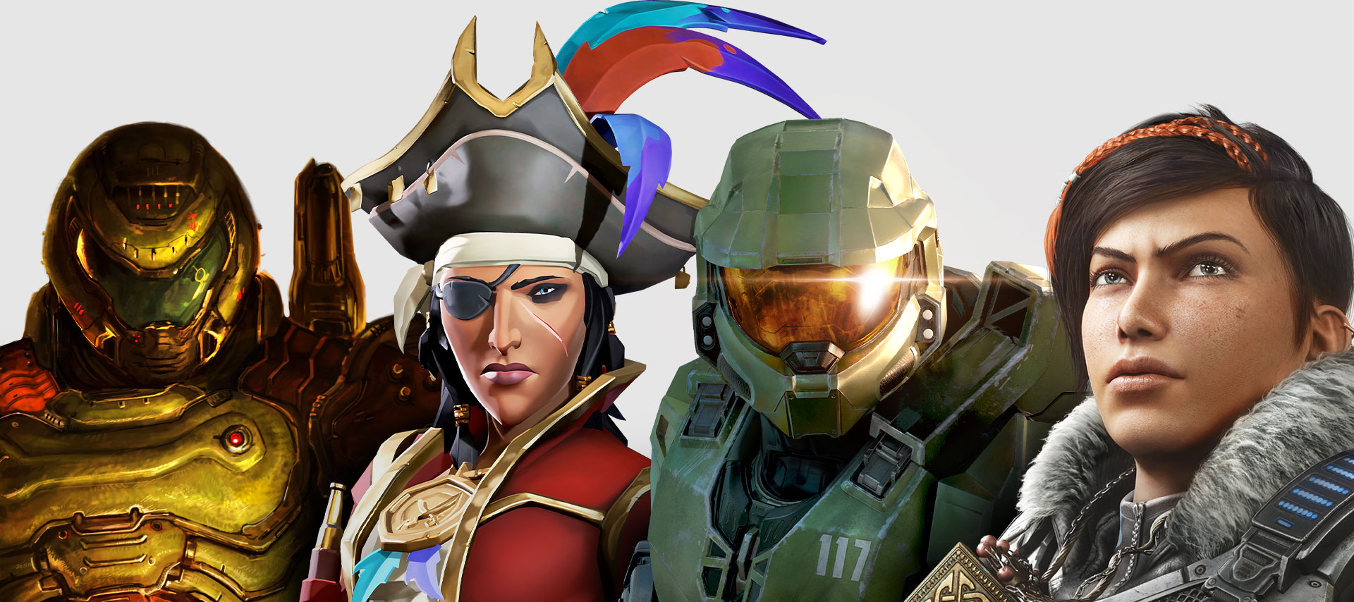 A line-up of characters featured in games on Xbox Game Pass. From left to right: DOOM Eternal, Sea of Thieves, Halo: Infinite, and Gears 5.