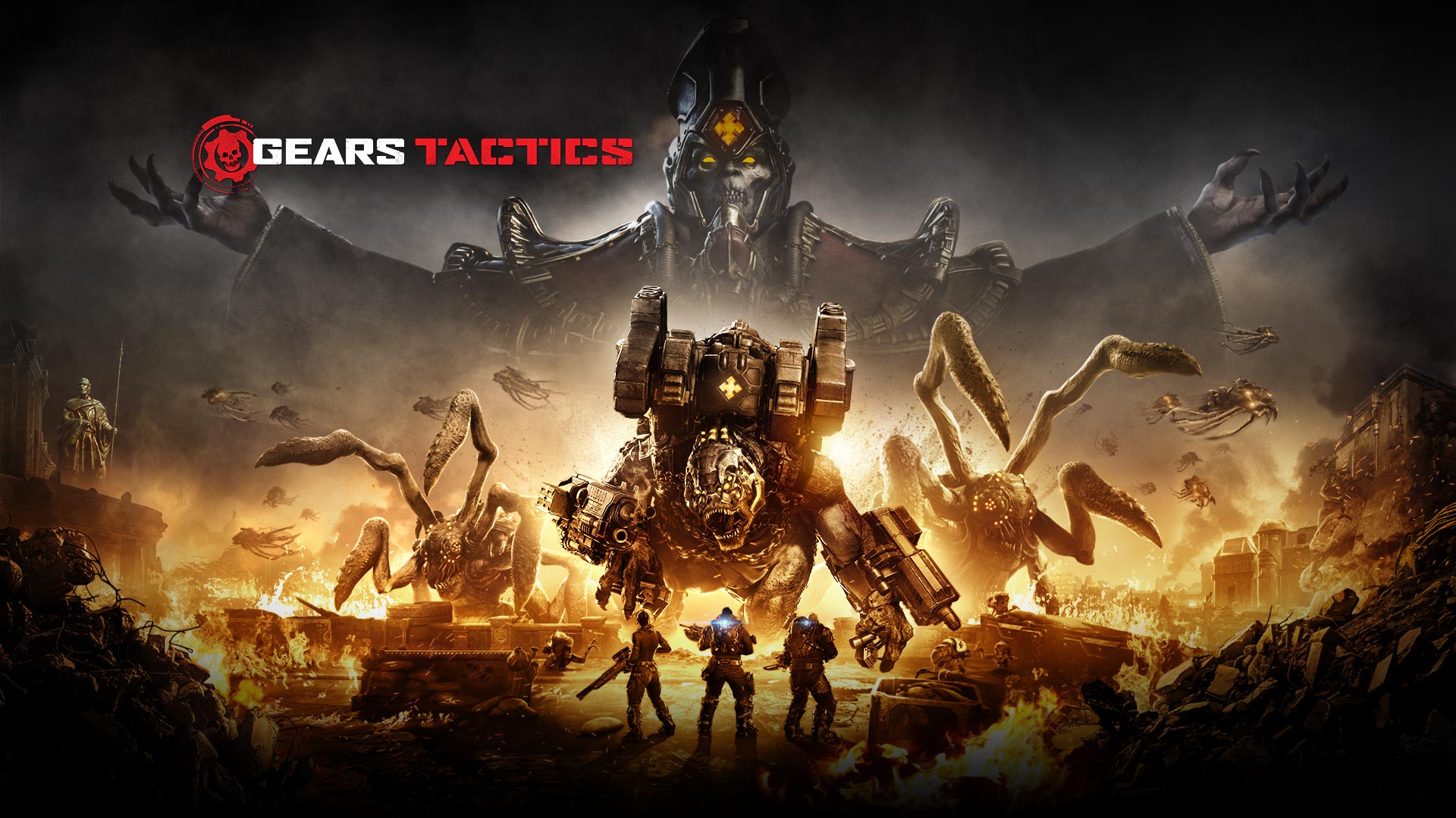 Logo de Gears Tactics, escena de tres personajes que van a luchar contra varios monstruos grandes, mientras el área a su alrededor está en llamas