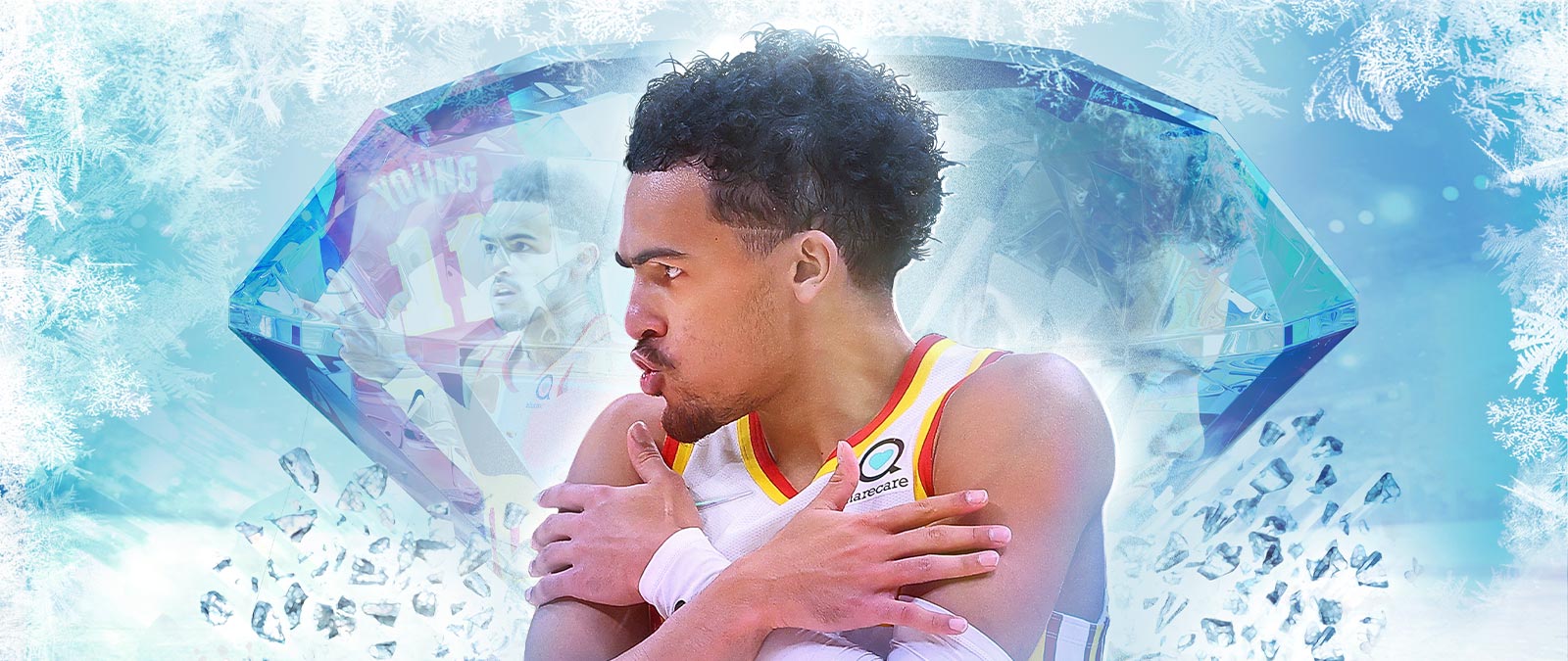 Trae Young crosses his arms, a diamond and frost behind him.