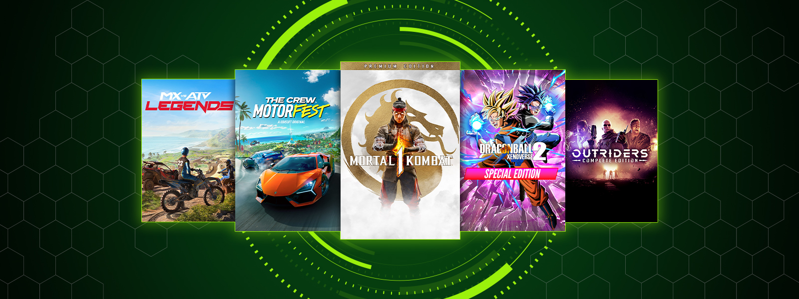 Box art from games included in the Achievement Hunter Sale, including Mortal Kombat 1 Premium Edition, The Crew - Motorfest - Cross Gen Bundle, and Dragon Ball Xenoverse 2 - Special Edition.