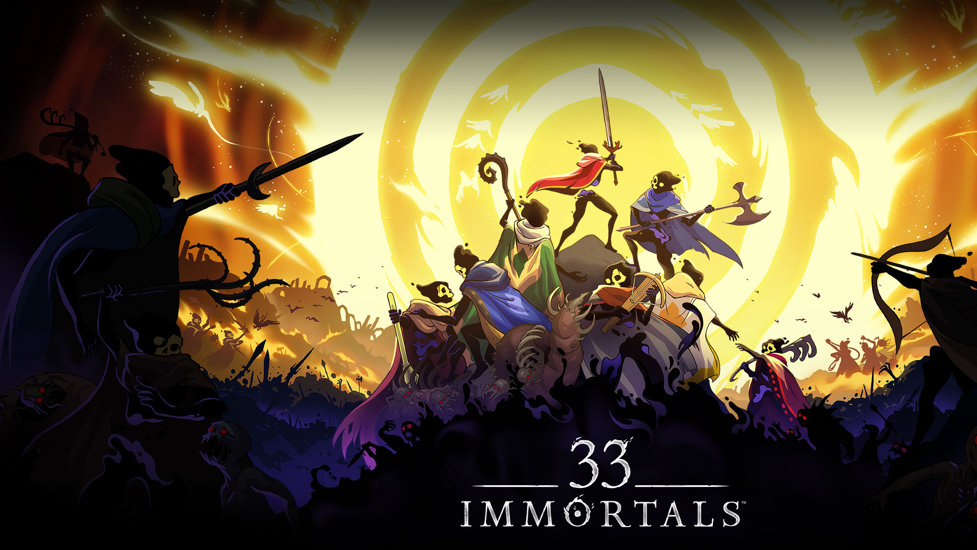 『33 Immortals』、空に大型の照明が輝く戦場で、武器を持ち上げる不死身な者たち。