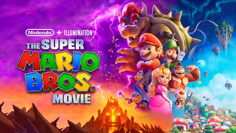 Nintendo + Illumination. The Super Mario Bros. Movie. Bowser tittar ner på Mario, Luigi, Princess Peach och svampriket från en stormig himmel.