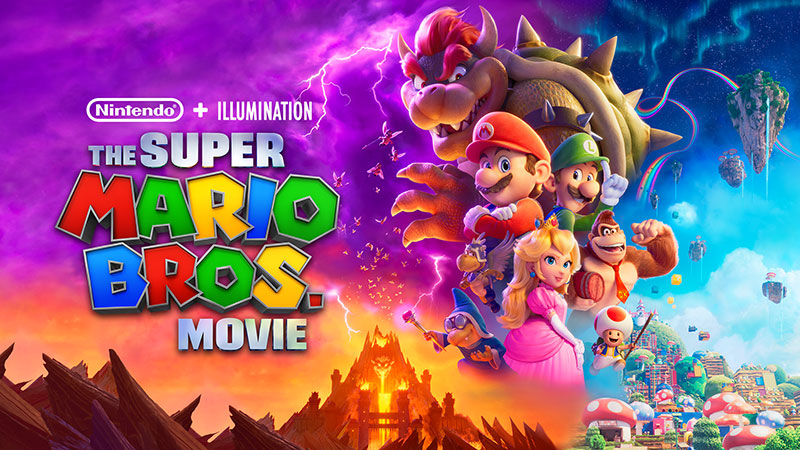 Nintendo + Illumination. De Super Mario Bros. film. Bowser kijkt vanuit een stormachtige lucht neer op Mario, Luigi, Princess Peach en het paddenstoelenrijk.