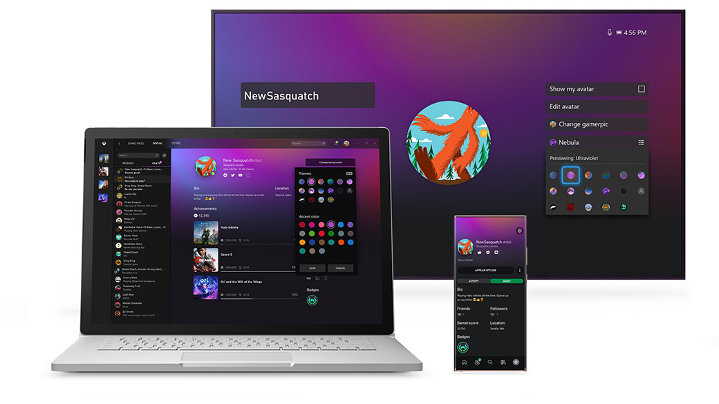 The Xbox dashboard. The profile customization screen is shown on console, PC, and a mobile device.