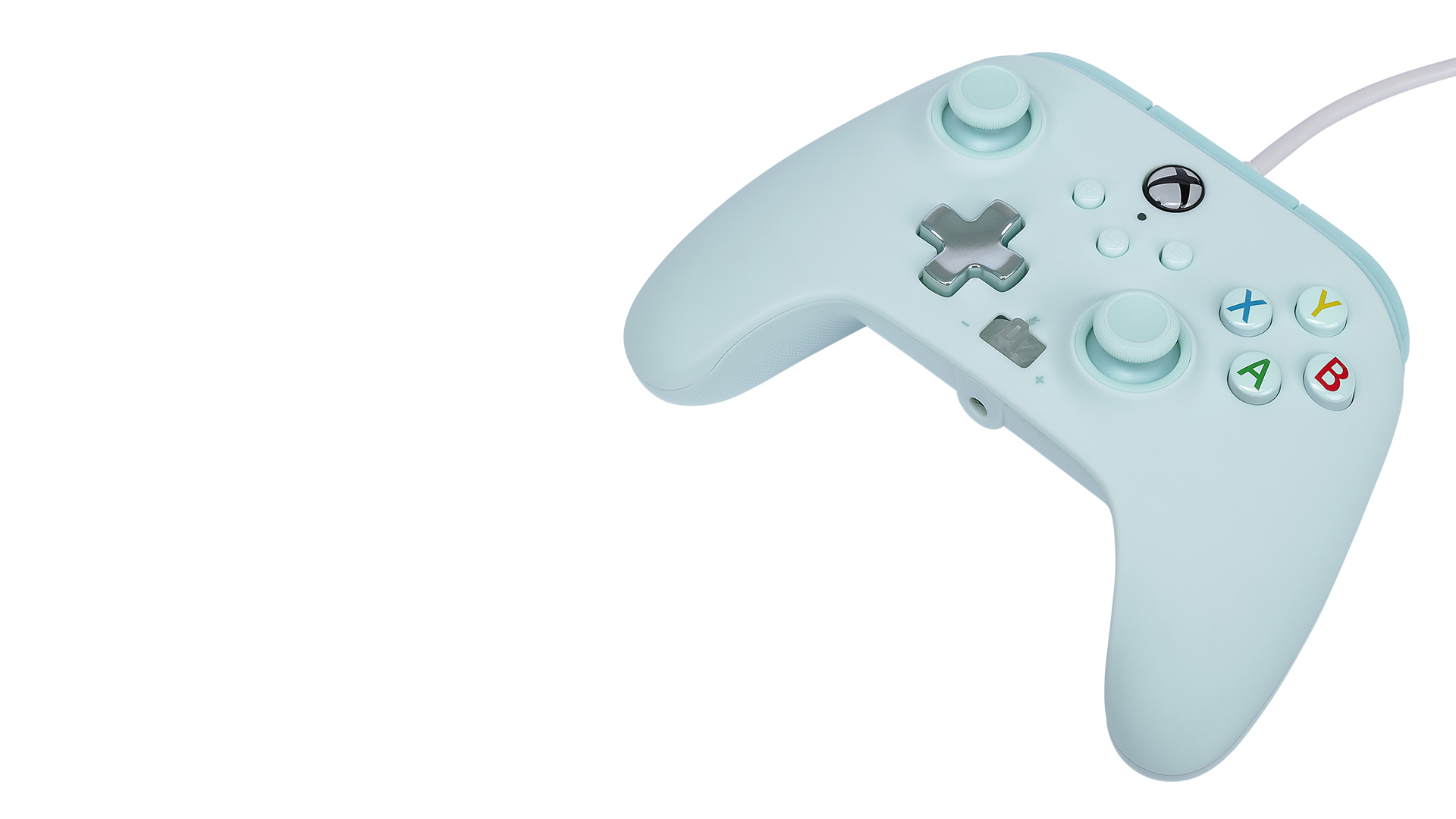 Close up of the Cotton Candy Blue controller with the right side of the controller turned forward