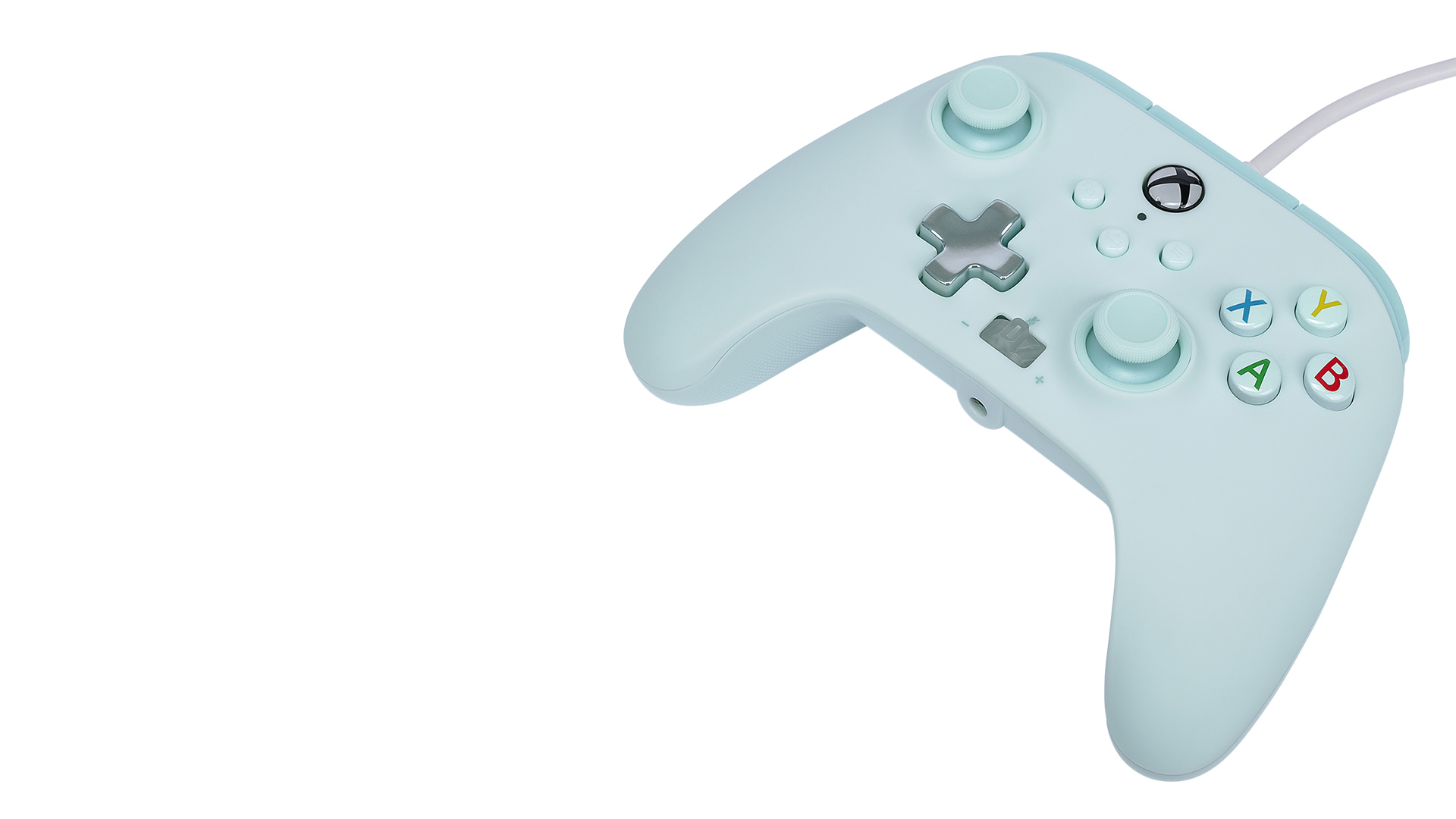 Nahaufnahme des Controllers in Cotton Candy Blue; die rechte Seite des Controllers ist nach vorne gedreht