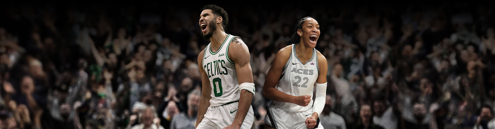Jayson Tatum in a number 0 Boston Celtics jersey and A’ja Wilson in a number 22 Las Vegas Aces jersey standing together and yelling in happiness in front of a crowd.