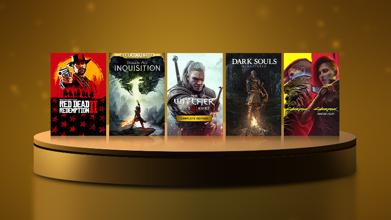 Box Art fra spil, der er en del af salget af Game Award -vinderne, inklusive Witcher 3: Wild Hunt - Complete Edition, Dragon Age ™: Inquisition - Game of the Year Edition og Dark Souls ™: Remastered