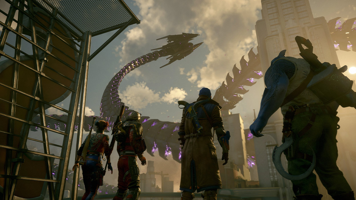 Harley Quinn, Deadshot, Captain Boomerang and King Shark stare up at the sky to Brainiac’s invasion.