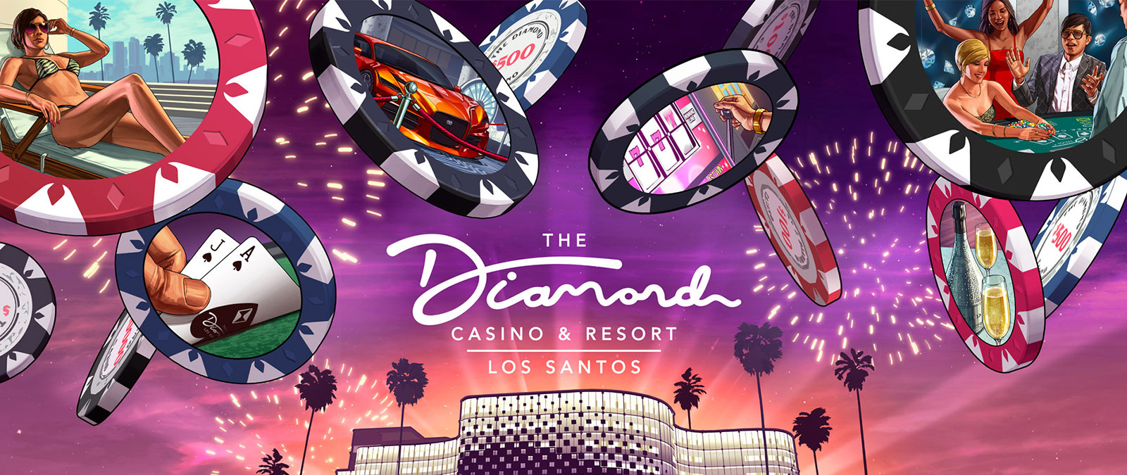 The Diamond Casino & Resort, Los Santos logo, front view of a building with palm trees, fireworks, and casino chips falling with various images on them
