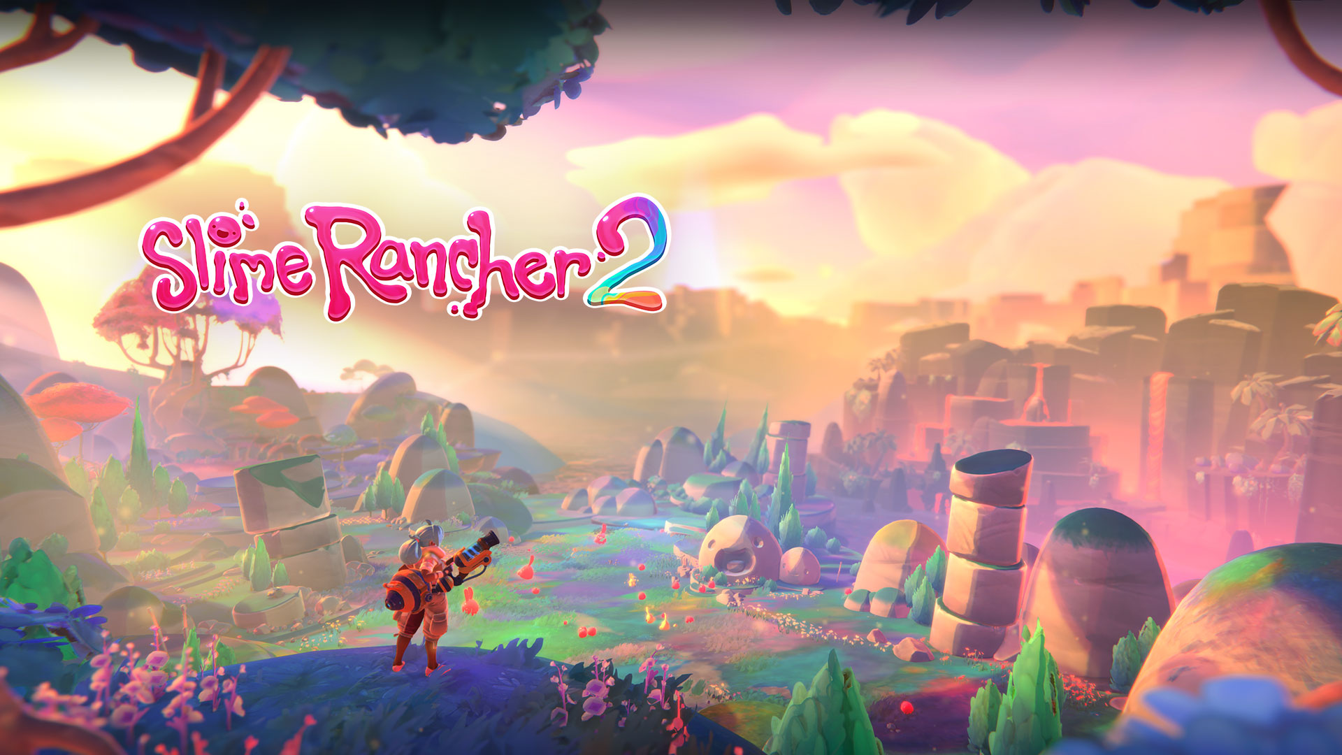 Slime Rancher 2, Beatrix LeBeau stands on a hill overlooking a colourful valley on Rainbow Island.