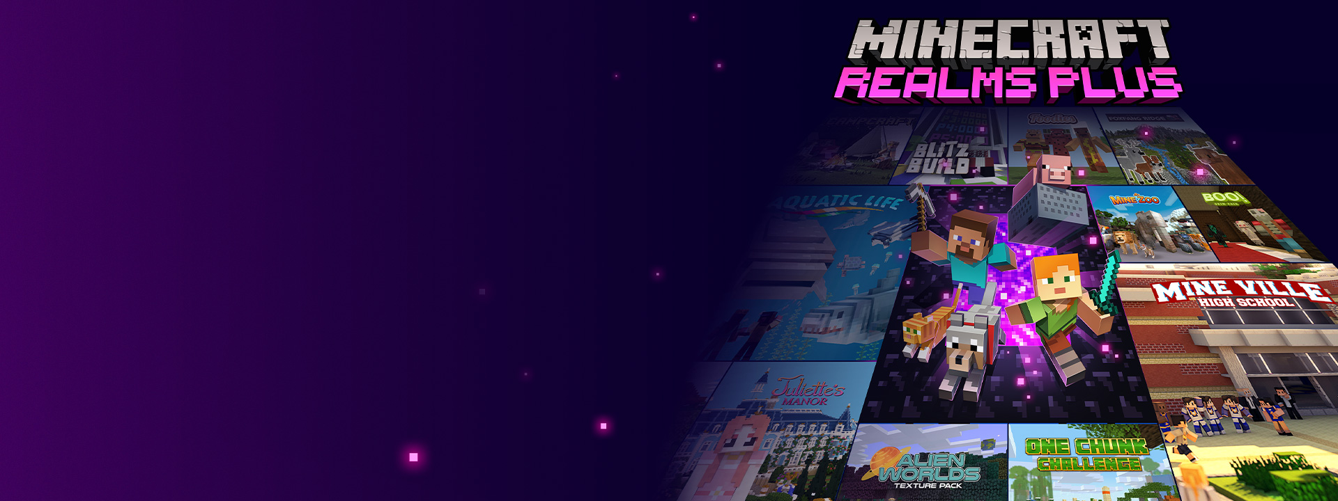Minecraft Realms Plus, personajes de Minecraft saliendo de un portal Nether con otras imágenes de caja a su lado