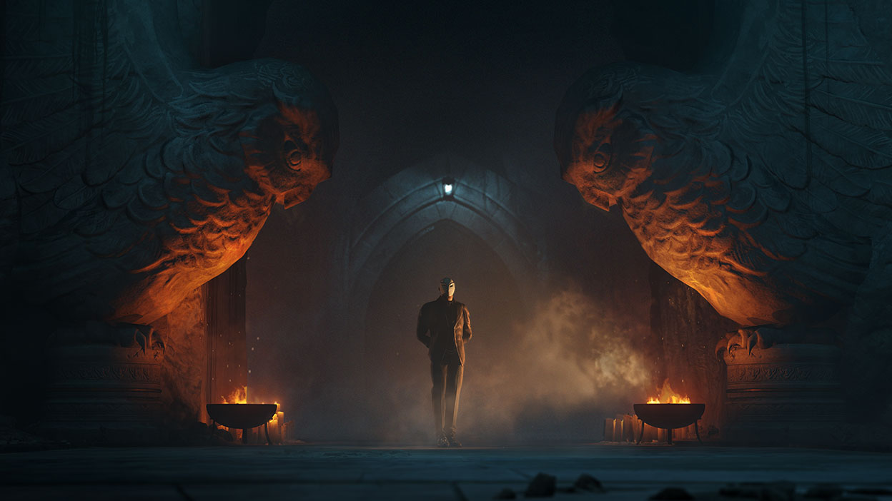 A bad guy stands in a dim room, giant owl statues are dimly lit by braisers.