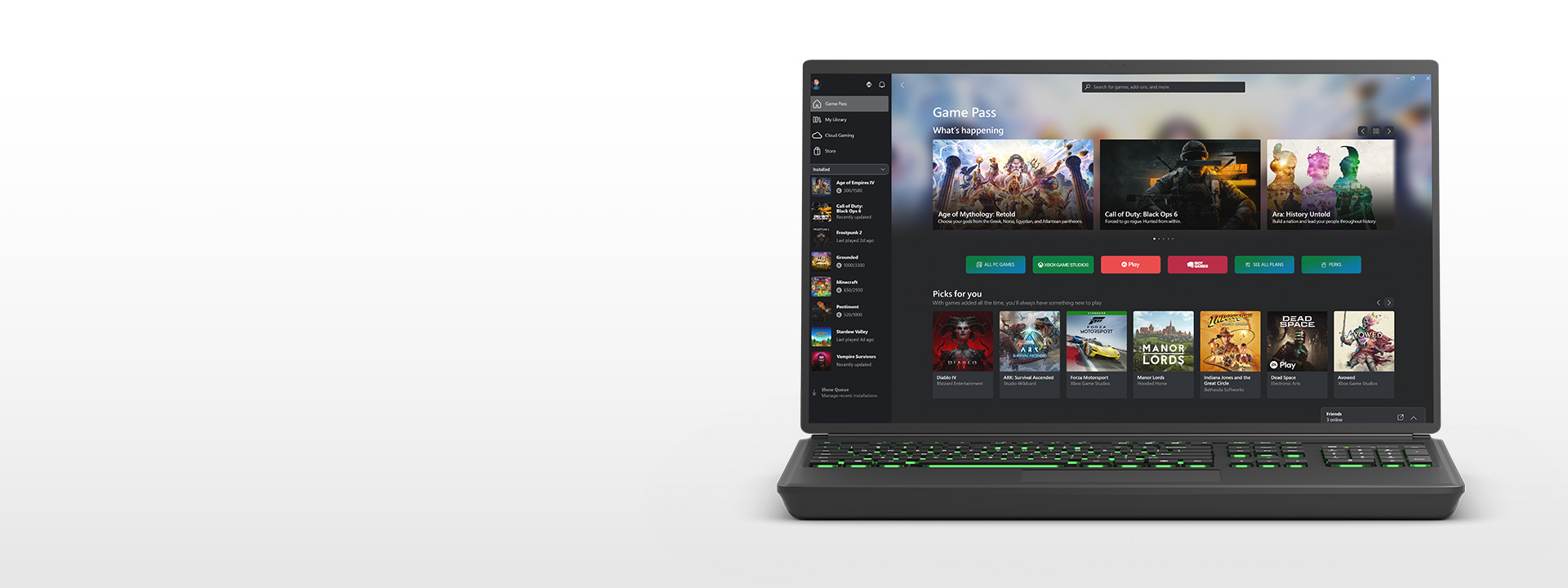 L'interfaccia utente dell'app Xbox per PC Windows sullo schermo di un portatile