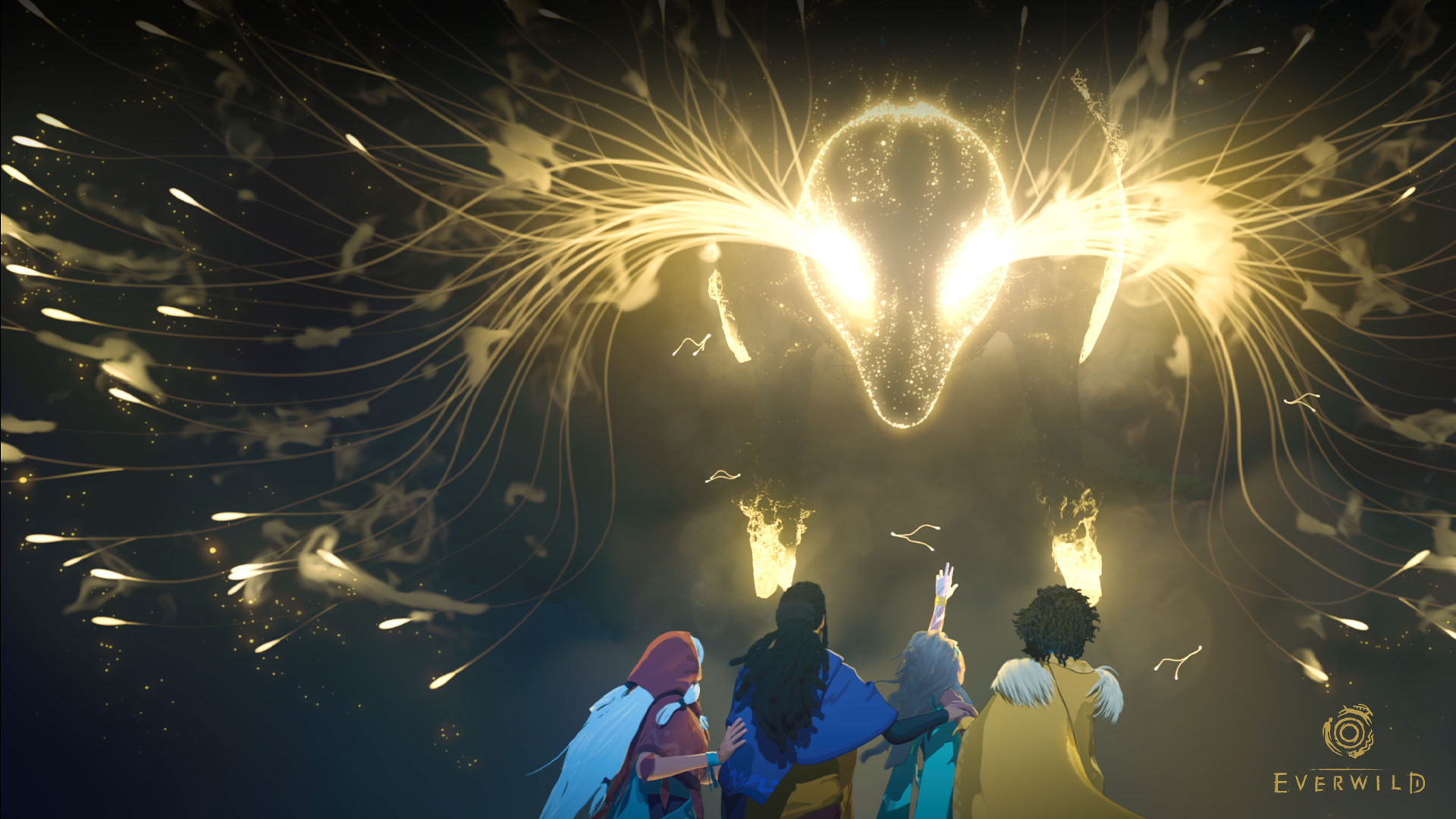 Everwild, a group of characters stand under a deer head made of light.