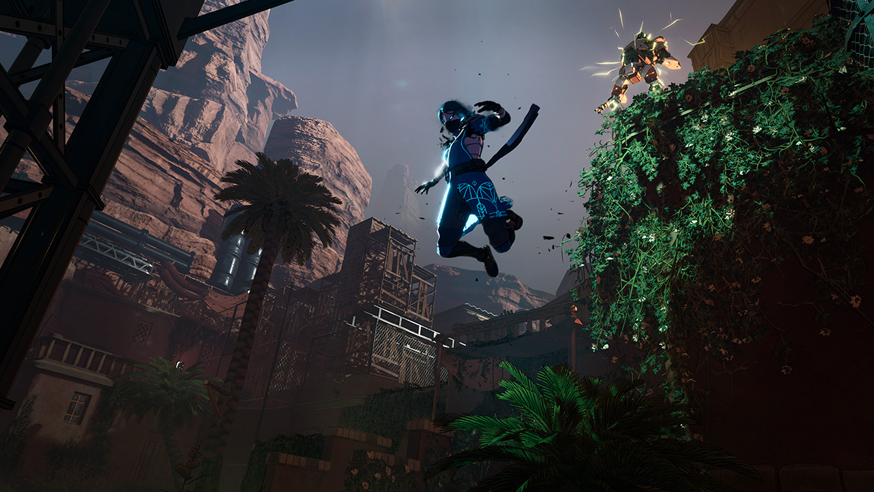 Ayana saute d’une falaise couverte de plantes grimpantes pour échapper à un robot sentinelle.